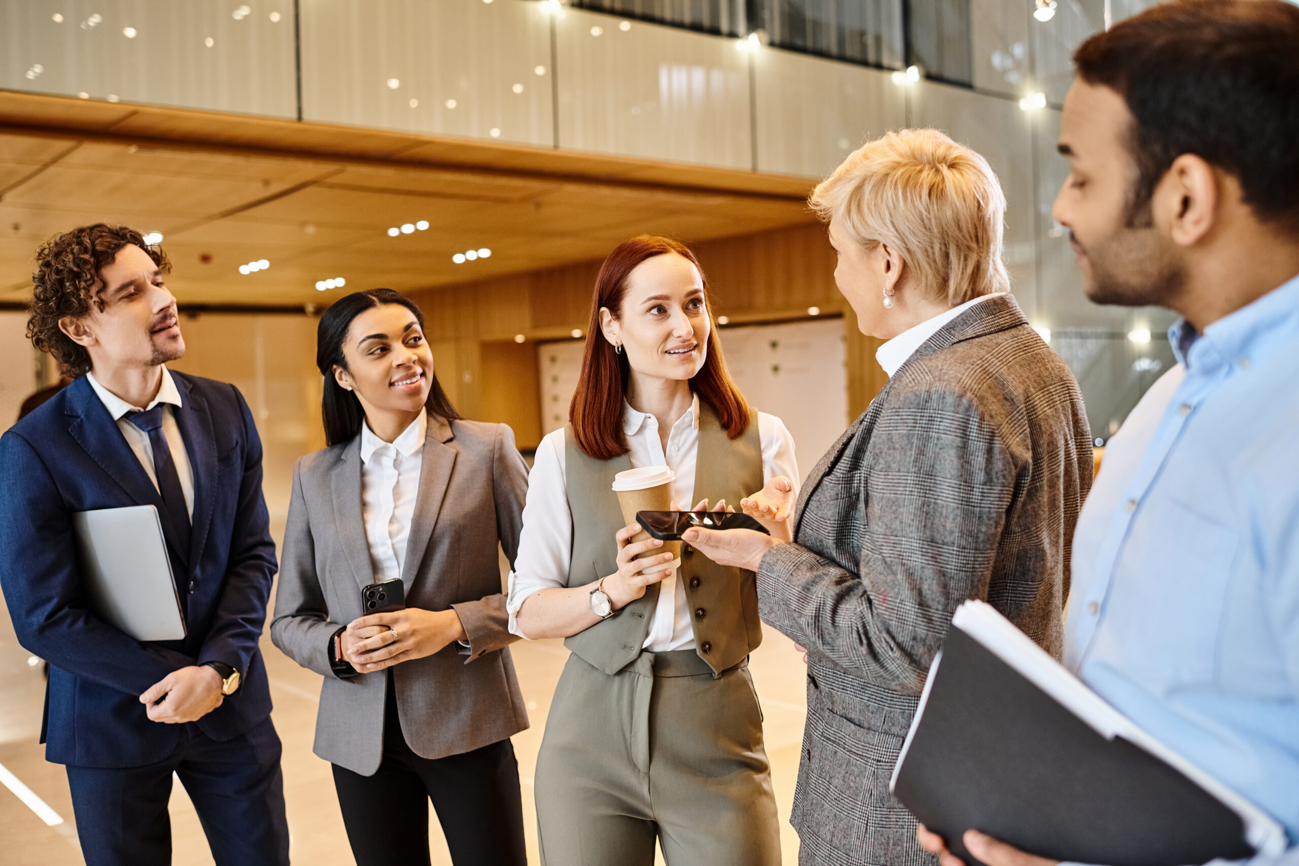 Multicultural professionals in a circle discussing strategy.